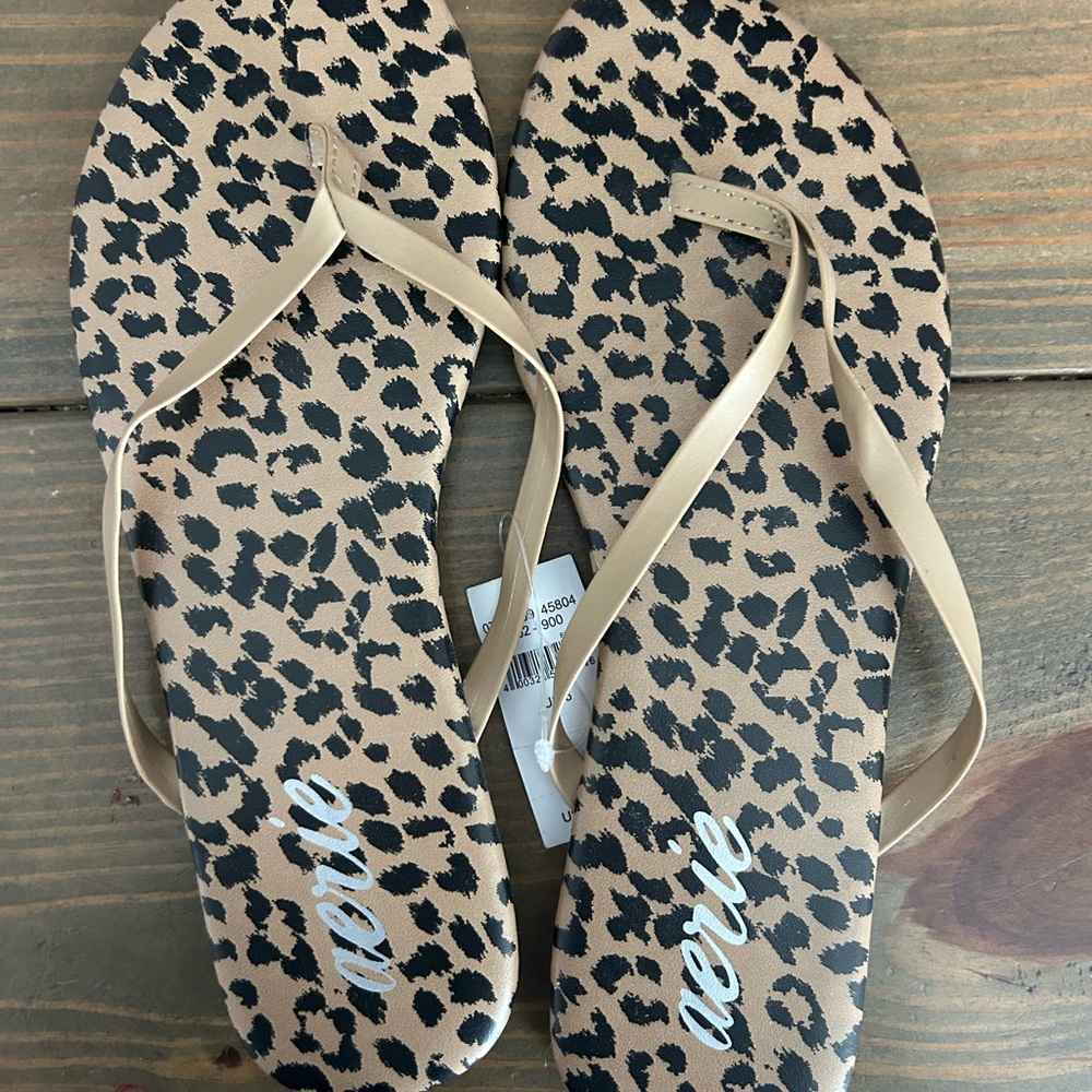 Aerie Tan Leopard Print Flip Flops